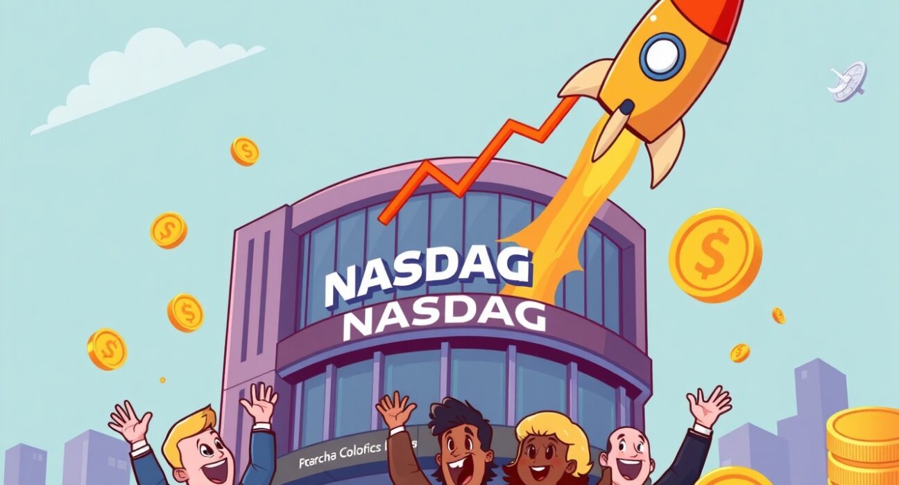 A vibrant cartoon showing Gemini stock debut on Nasdaq, with a rocket-shaped chart symbolizing its successful 14% surge, indicating strong investor confidence.