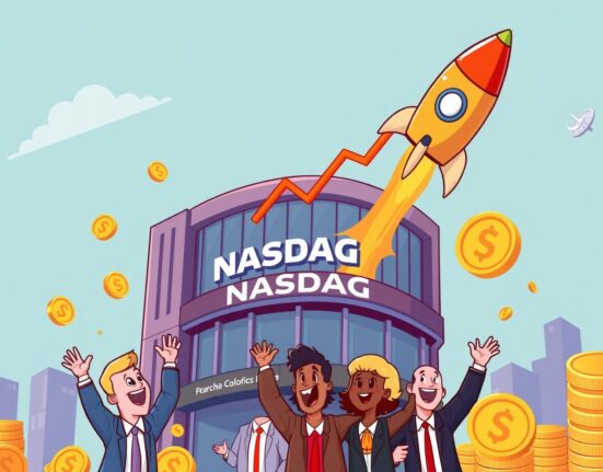 A vibrant cartoon showing Gemini stock debut on Nasdaq, with a rocket-shaped chart symbolizing its successful 14% surge, indicating strong investor confidence.