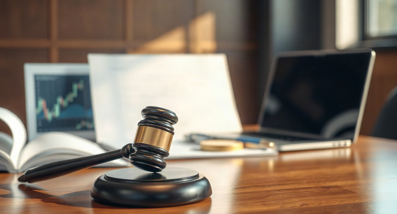 Arbitration gavel and legal documents representing Gemini's legal victory over Gemini Earn