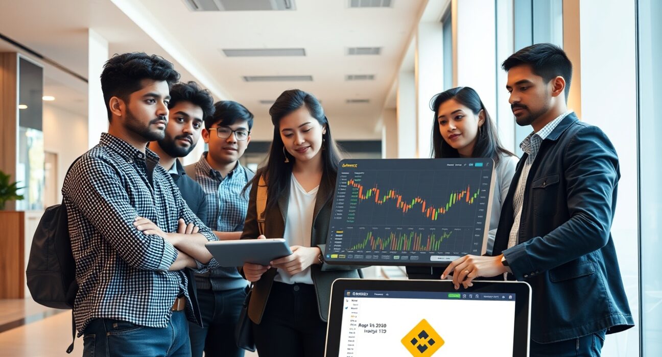 Young professionals reviewing financial data on a digital display in a modern workspace