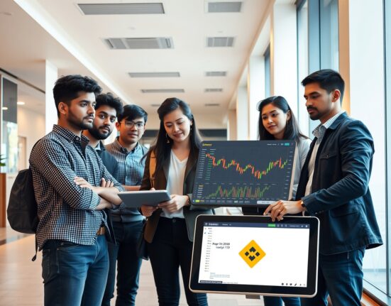 Young professionals reviewing financial data on a digital display in a modern workspace