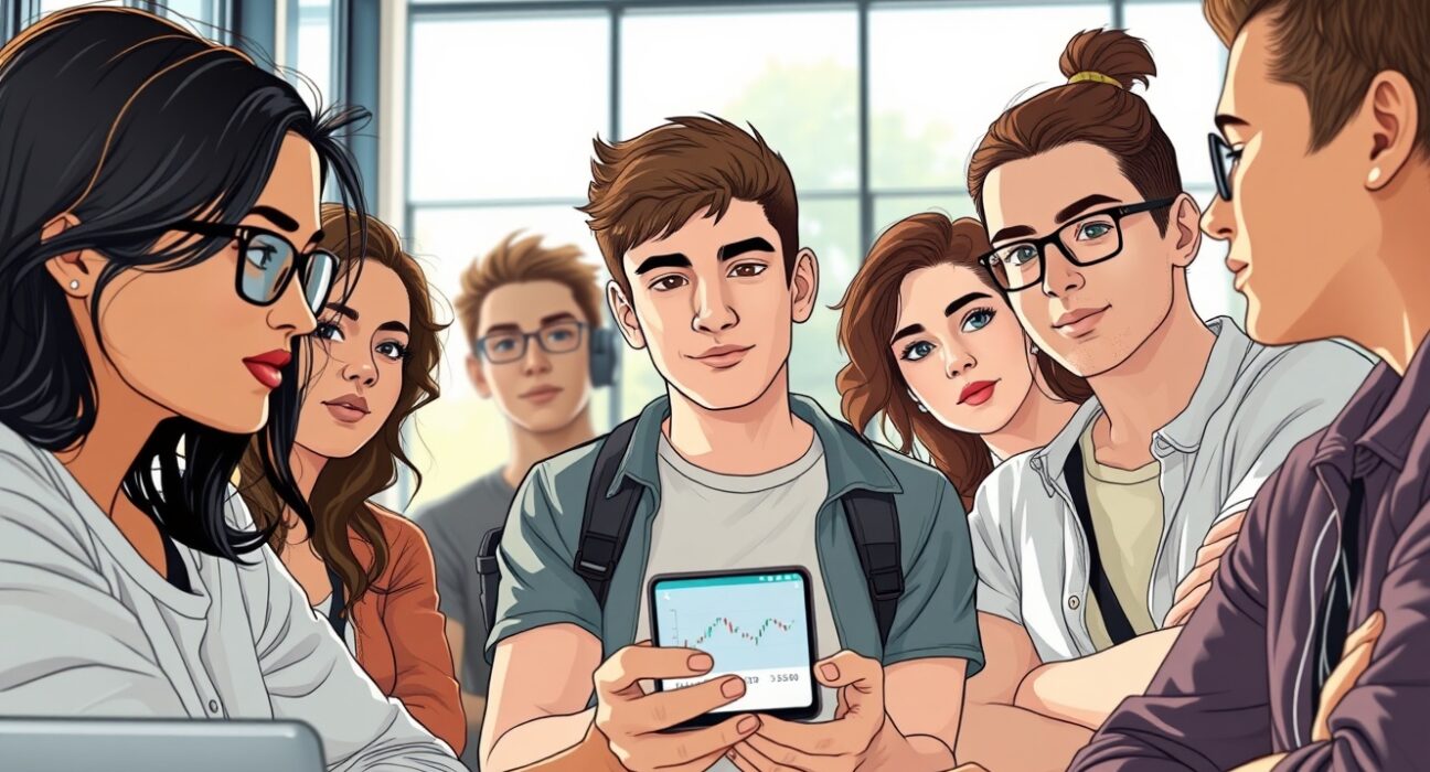 Young Australian Gen Z investors discussing cryptocurrency on a smartphone, based on the ASIC survey data.