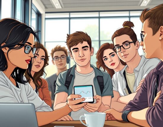 Young Australian Gen Z investors discussing cryptocurrency on a smartphone, based on the ASIC survey data.