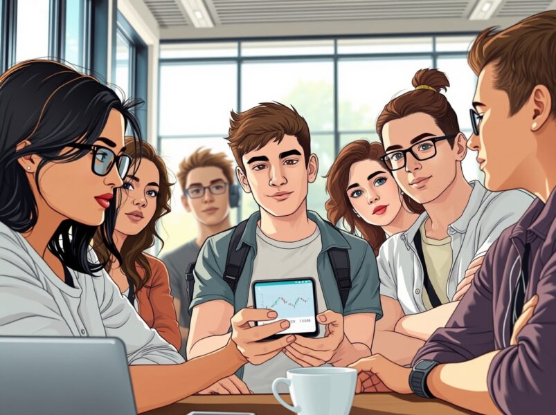 Young Australian Gen Z investors discussing cryptocurrency on a smartphone, based on the ASIC survey data.