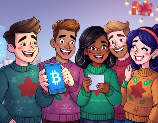 Joyful Gen Z adults excitedly receiving a cryptocurrency holiday gift on a smartphone.