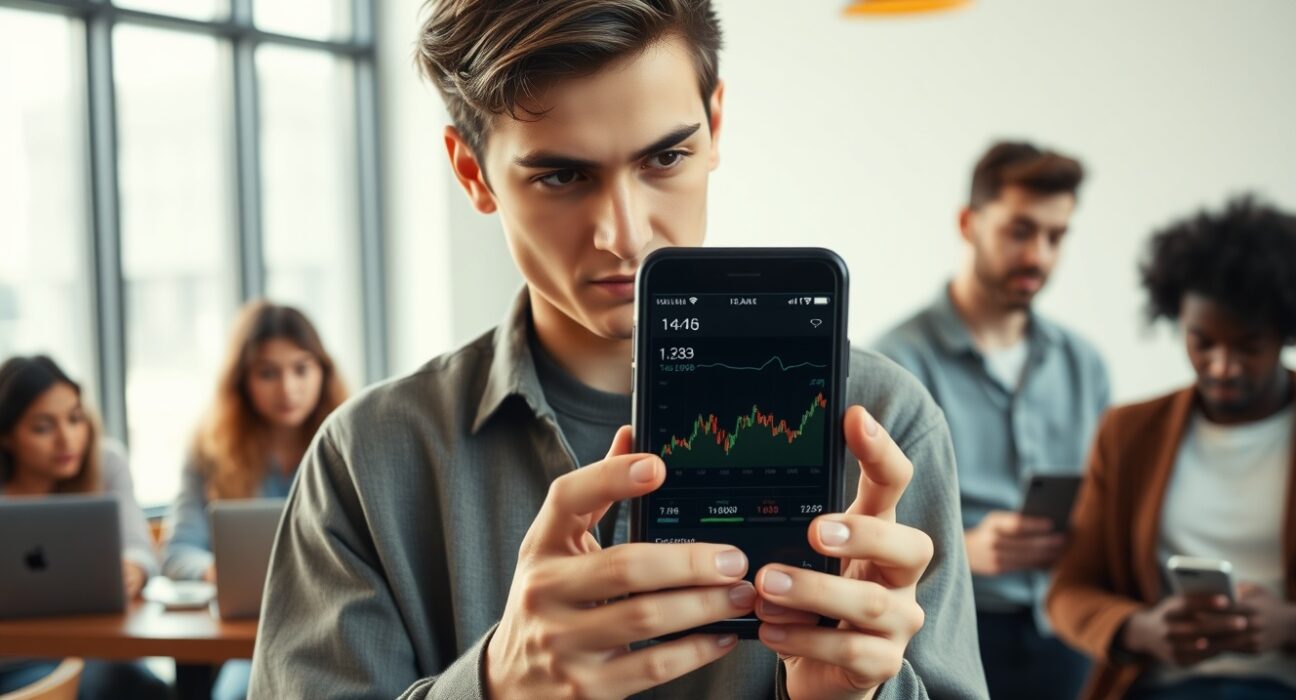 Young adults discussing cryptocurrency investment on a smartphone, reflecting Gen Z's financial concerns.