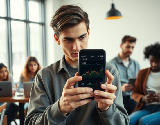Young adults discussing cryptocurrency investment on a smartphone, reflecting Gen Z's financial concerns.