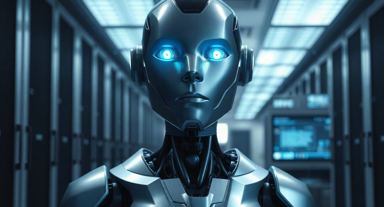 Humanoid robot in a high-tech lab, representing General Intuition's AI robotics push.