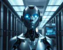 Humanoid robot in a high-tech lab, representing General Intuition's AI robotics push.
