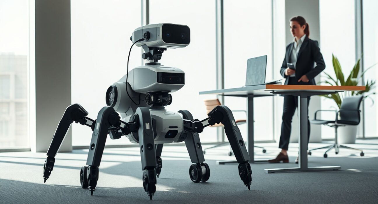 Quadrupedal robot with a camera eye in a modern office, with a monitor showing a video game environment.