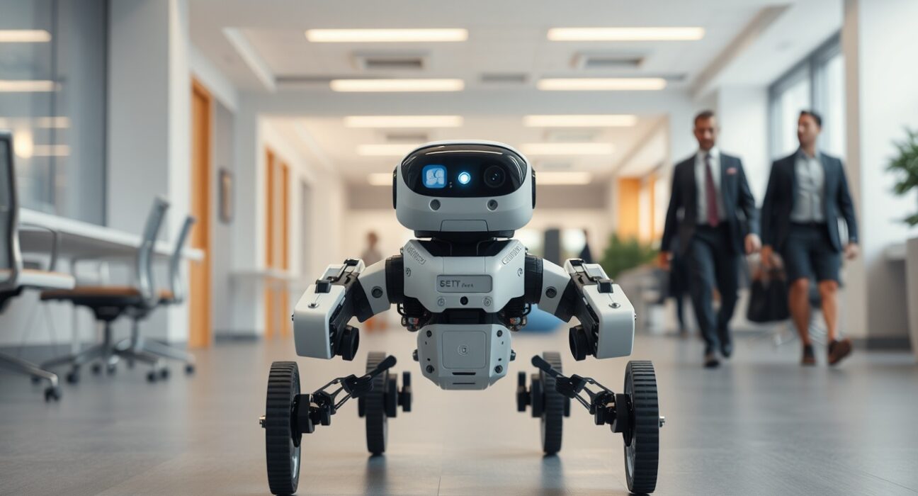 Quadrupedal robot navigating an office environment with people and obstacles.