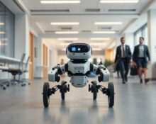 Quadrupedal robot navigating an office environment with people and obstacles.