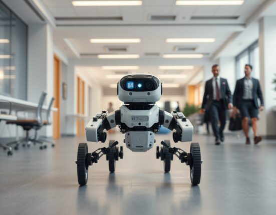 Quadrupedal robot navigating an office environment with people and obstacles.