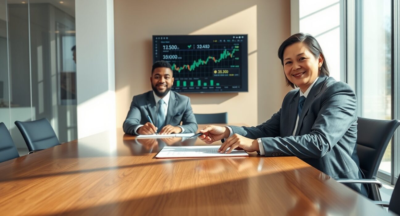 Two professionals signing an acquisition agreement in a modern boardroom with blockchain network visuals on a tablet.