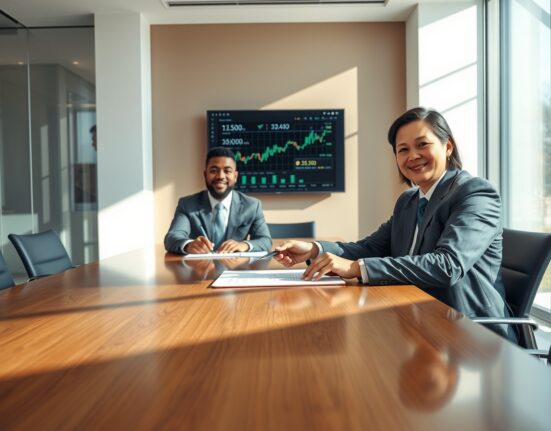 Two professionals signing an acquisition agreement in a modern boardroom with blockchain network visuals on a tablet.