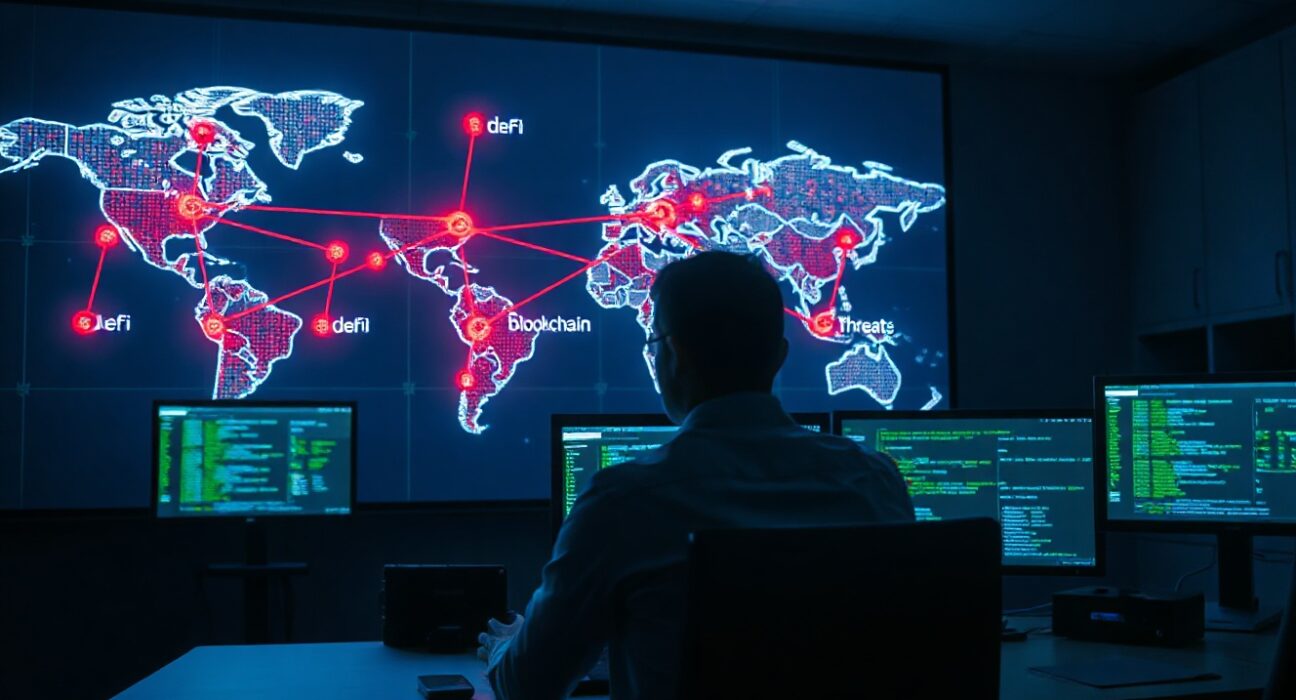 Cybersecurity analyst monitoring DeFi hack threats on multiple screens in a dark command center.