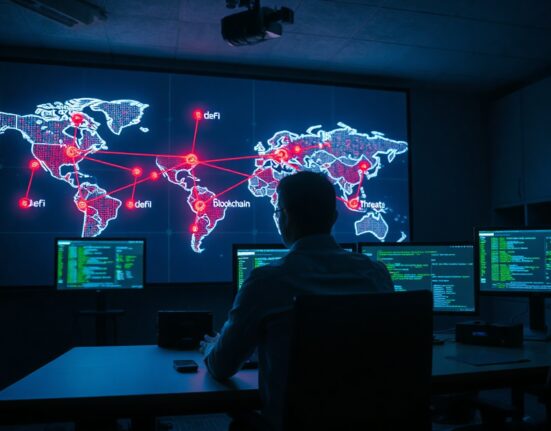 Cybersecurity analyst monitoring DeFi hack threats on multiple screens in a dark command center.