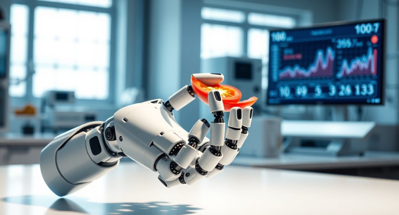Close-up of a dexterous robotic hand in a lab, demonstrating precision manipulation for AI training.