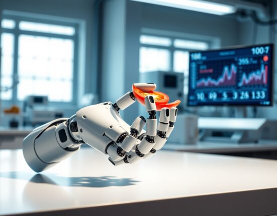 Close-up of a dexterous robotic hand in a lab, demonstrating precision manipulation for AI training.