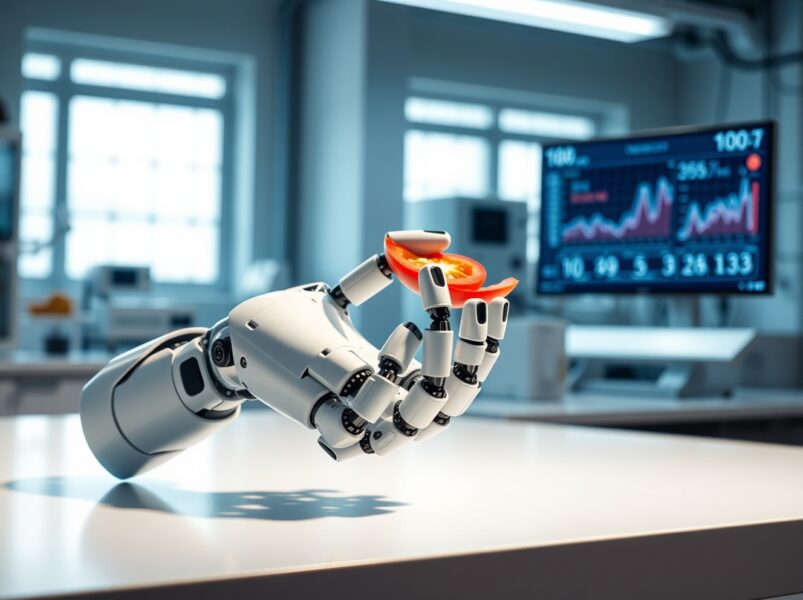 Close-up of a dexterous robotic hand in a lab, demonstrating precision manipulation for AI training.