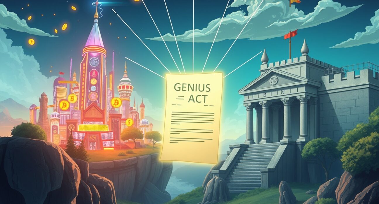 The GENIUS Act causing a clash between US cryptocurrency innovators and traditional banking institutions over stablecoin regulation.