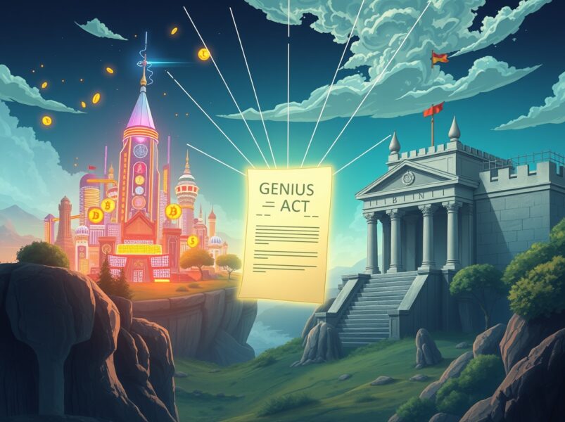 The GENIUS Act causing a clash between US cryptocurrency innovators and traditional banking institutions over stablecoin regulation.