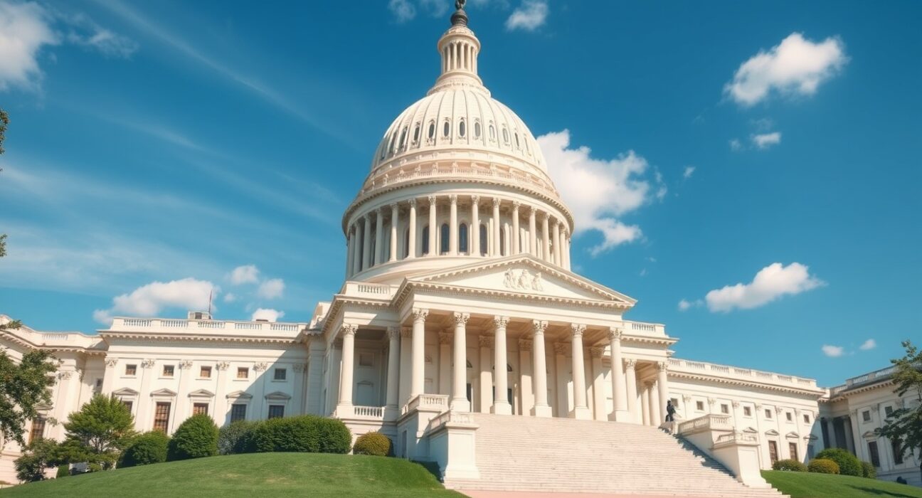 U.S. Capitol building on a sunny day, representing the legislative backdrop for stablecoin regulation under the GENIUS Act.
