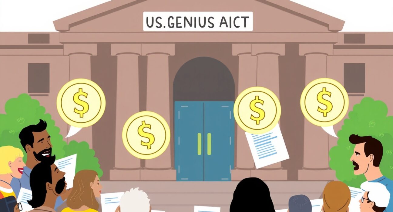 A cartoon illustration showing public engagement with the US Treasury regarding the crucial GENIUS Act and stablecoin regulation.