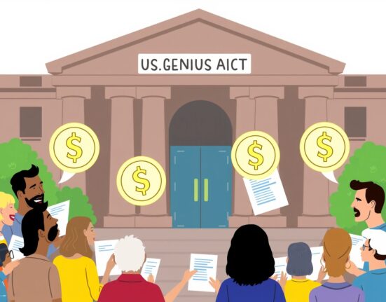 A cartoon illustration showing public engagement with the US Treasury regarding the crucial GENIUS Act and stablecoin regulation.