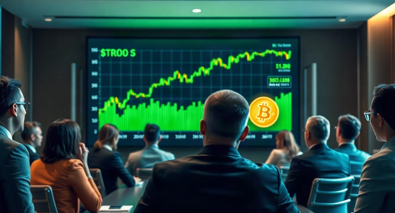 Corporate boardroom with Bitcoin price chart on screen and professionals reviewing financial strategy