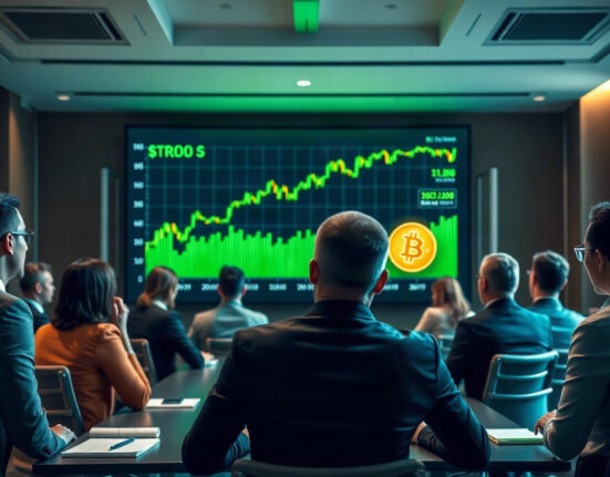 Corporate boardroom with Bitcoin price chart on screen and professionals reviewing financial strategy
