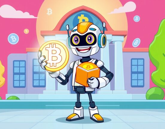 A vibrant cartoon of Genius Group's AI teacher proudly holding Bitcoin, symbolizing corporate crypto strategy.
