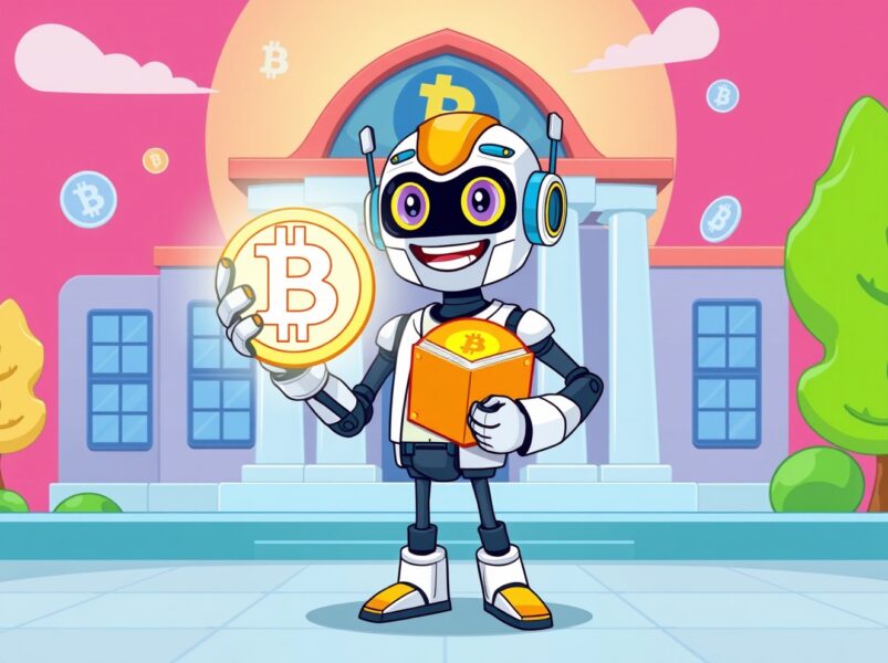 A vibrant cartoon of Genius Group's AI teacher proudly holding Bitcoin, symbolizing corporate crypto strategy.