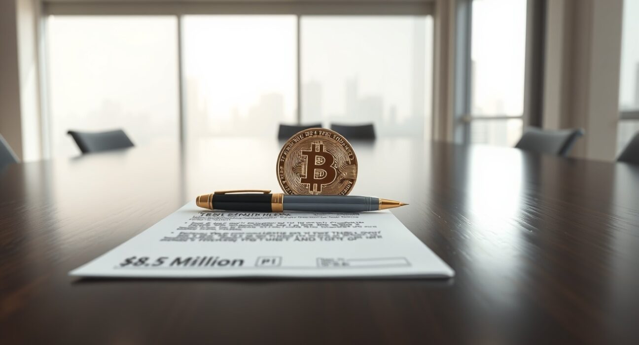 Genius Group Bitcoin sale decision shown with cryptocurrency coin and debt repayment document on boardroom table