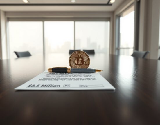 Genius Group Bitcoin sale decision shown with cryptocurrency coin and debt repayment document on boardroom table