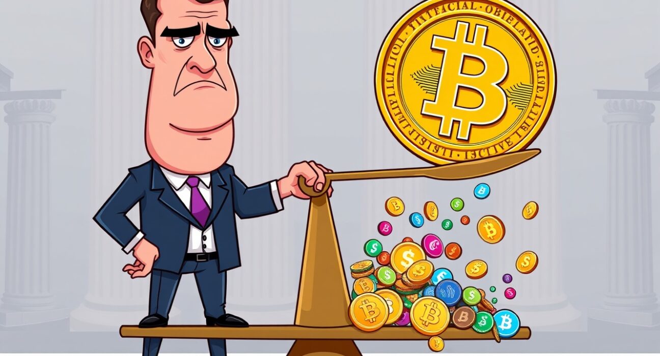 A cartoon illustrating the regulatory view that cryptocurrencies except Bitcoin are unstable and risky investments.