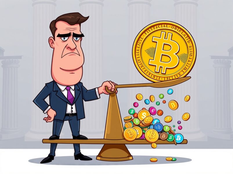 A cartoon illustrating the regulatory view that cryptocurrencies except Bitcoin are unstable and risky investments.