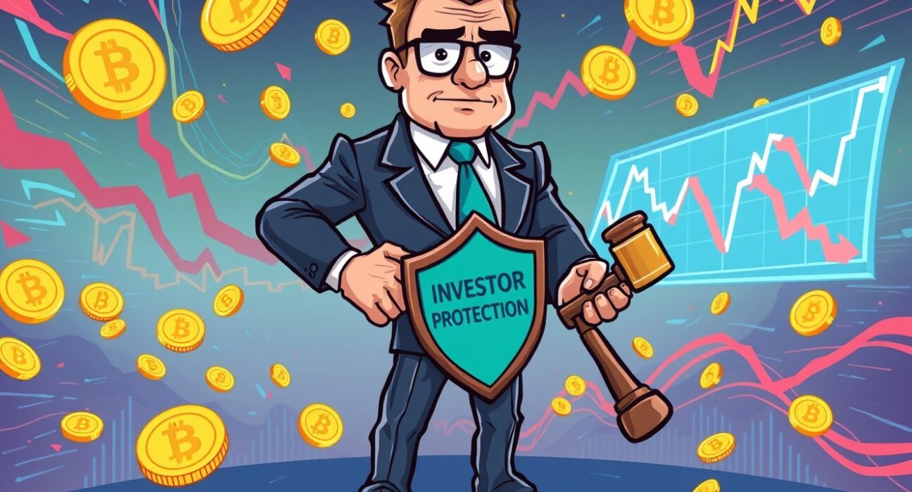 A cartoon illustration of a determined figure defending strong crypto regulation to protect investors from speculative assets.