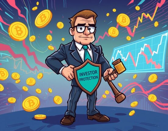 A cartoon illustration of a determined figure defending strong crypto regulation to protect investors from speculative assets.