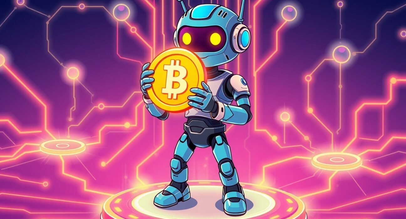 Animated AI robot presenting a glowing token during the exclusive AI token sale launch event.