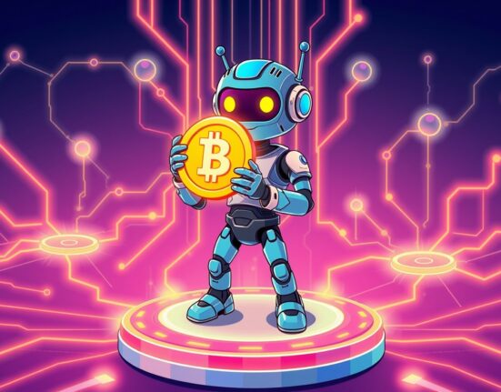 Animated AI robot presenting a glowing token during the exclusive AI token sale launch event.