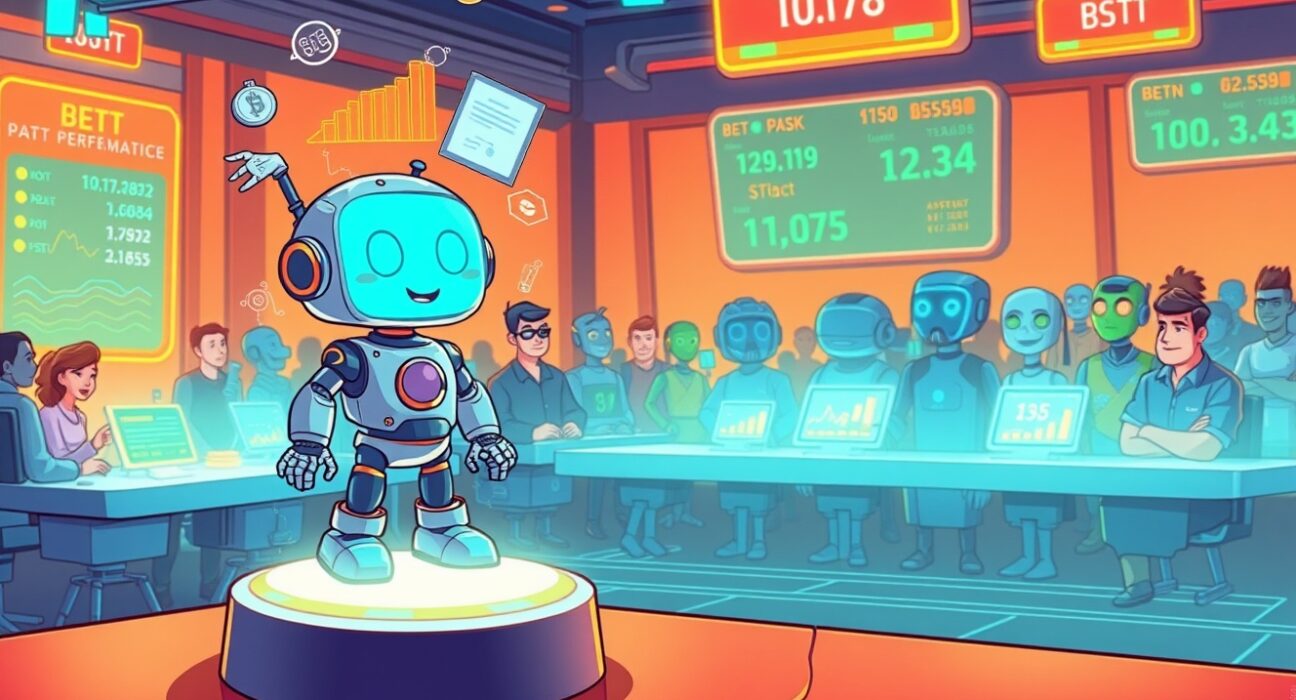 Cartoon illustration of the Delphi marketplace for AI performance verification, showing models being evaluated and users investing.