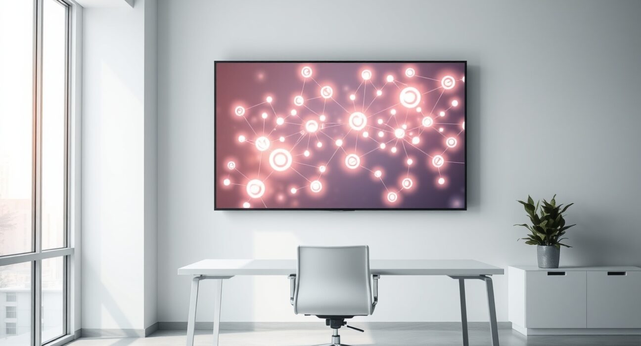 Digital screen showing blockchain network visualization in a modern office setting.