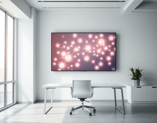 Digital screen showing blockchain network visualization in a modern office setting.