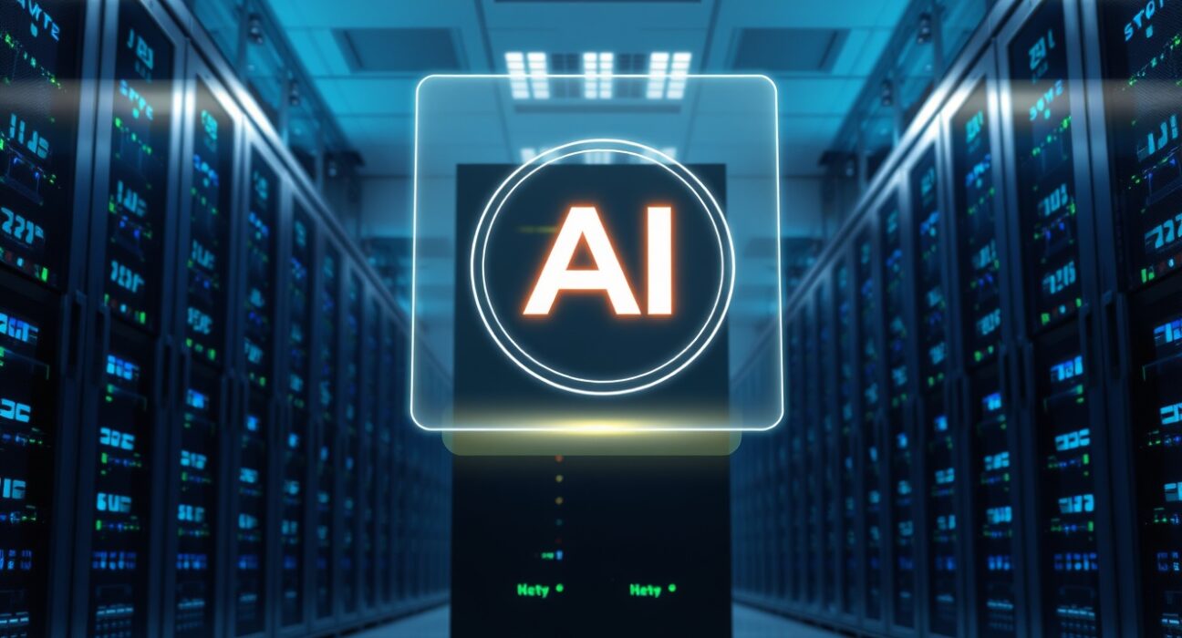 Gensyn launches native token AI with holographic token symbol in a modern data center