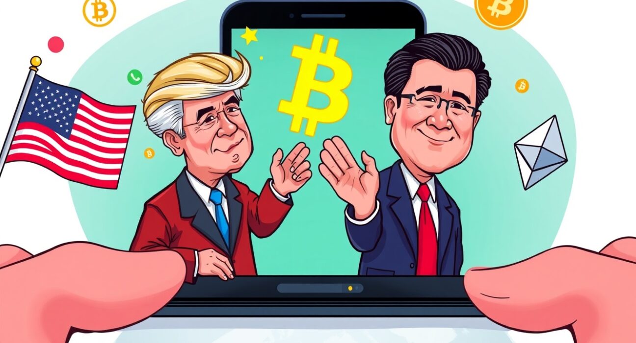 Cartoon showing US and Chinese leaders on a call, symbolizing the crucial Geopolitical Crypto Impact on global markets.
