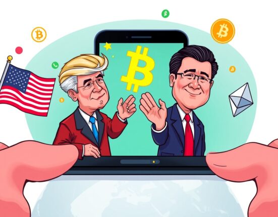Cartoon showing US and Chinese leaders on a call, symbolizing the crucial Geopolitical Crypto Impact on global markets.