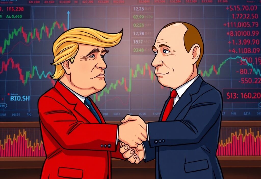 A cartoon illustration of two world leaders shaking hands, symbolizing the crucial Geopolitical Impact of their meeting on global affairs and markets.