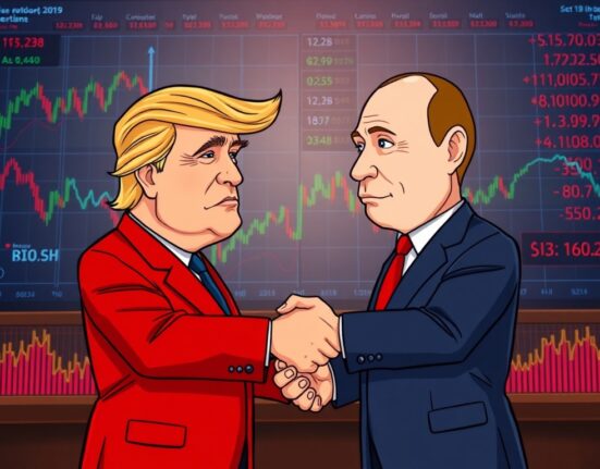 A cartoon illustration of two world leaders shaking hands, symbolizing the crucial Geopolitical Impact of their meeting on global affairs and markets.