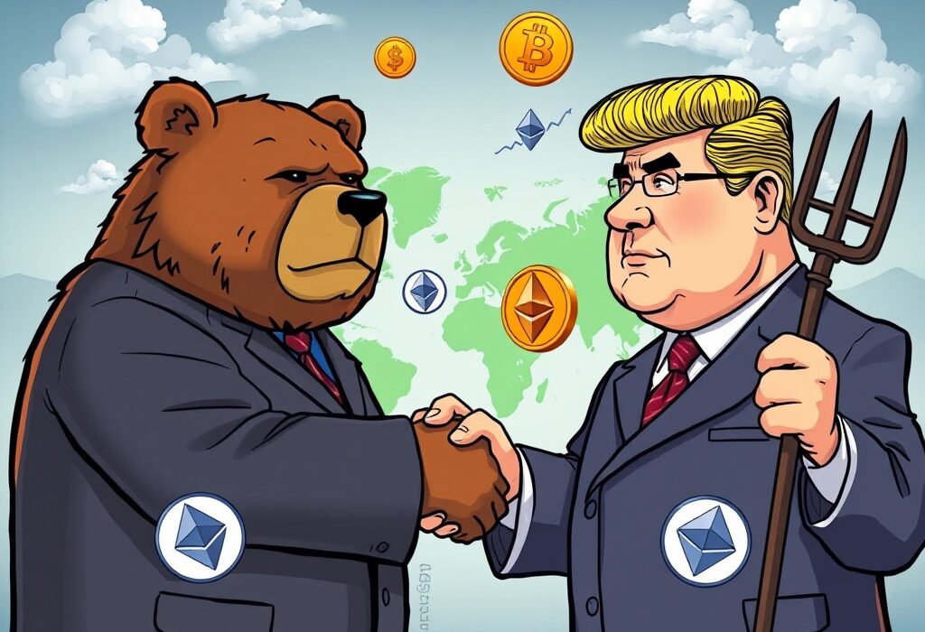 Cartoon illustration of leaders discussing peace, highlighting the potential Geopolitical Stability Crypto Impact on global markets.